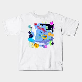 Whales and Sea Creatures in Light Blue Background Kids T-Shirt